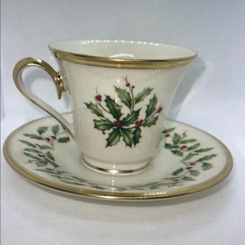 Elegant Gold and White Holly Teacup and Saucer Set